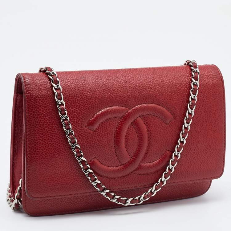 Pre Owned Chanel Red Caviar Leather CC Timeless Wallet on Chain