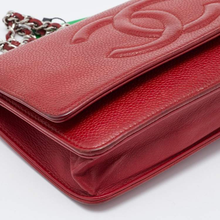 Pre Owned Chanel Red Caviar Leather CC Timeless Wallet on Chain