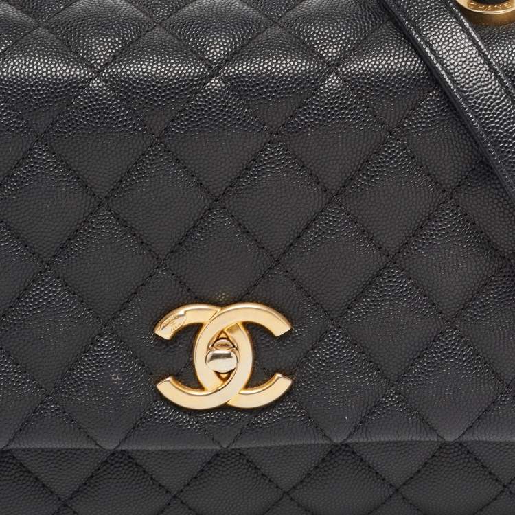 Pre Owned Chanel Black Quilted Caviar Leather Medium Coco Top Handle Bag