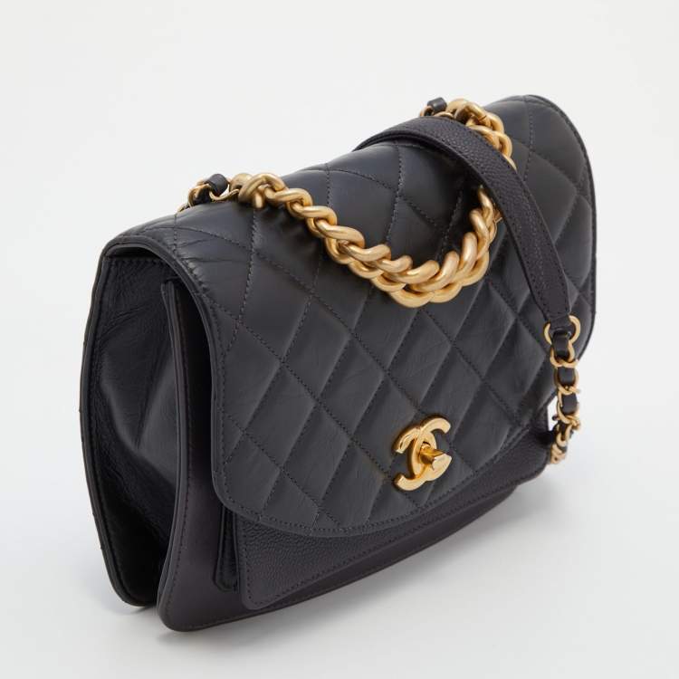 Pre Owned Chanel Black Quilted Leather Flap Chain Top Handle Bag