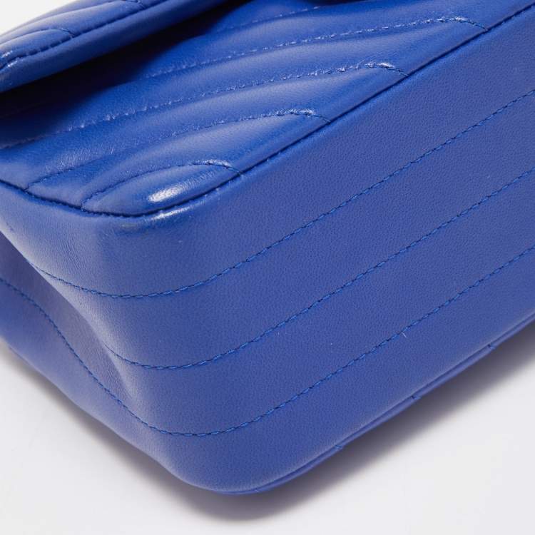 Pre Owned Chanel Blue Chevron Leather Mini Rectangle Classic Single Flap Bag