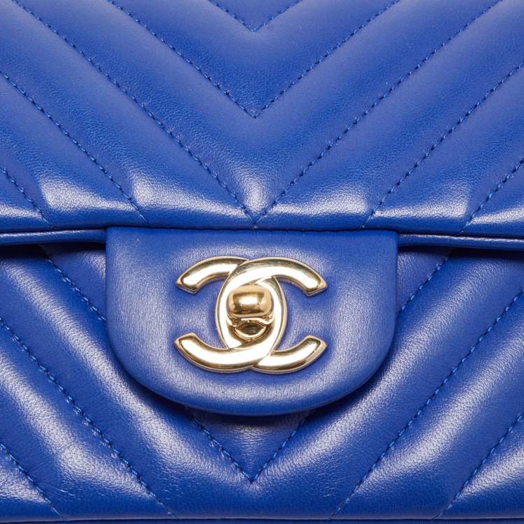 Pre Owned Chanel Blue Chevron Leather Mini Rectangle Classic Single Flap Bag