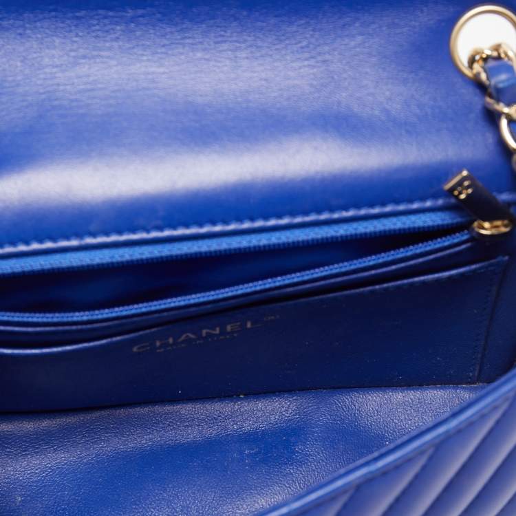 Pre Owned Chanel Blue Chevron Leather Mini Rectangle Classic Single Flap Bag