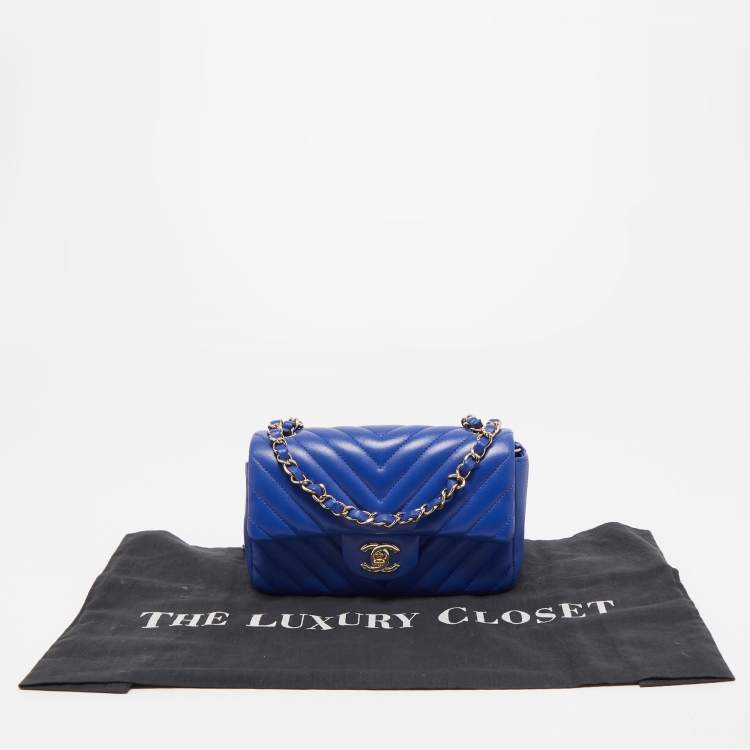 Pre Owned Chanel Blue Chevron Leather Mini Rectangle Classic Single Flap Bag