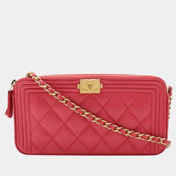 Chanel Pink Lambskin Leather Boy Double Zip Clutch with Chain Chanel | TLC