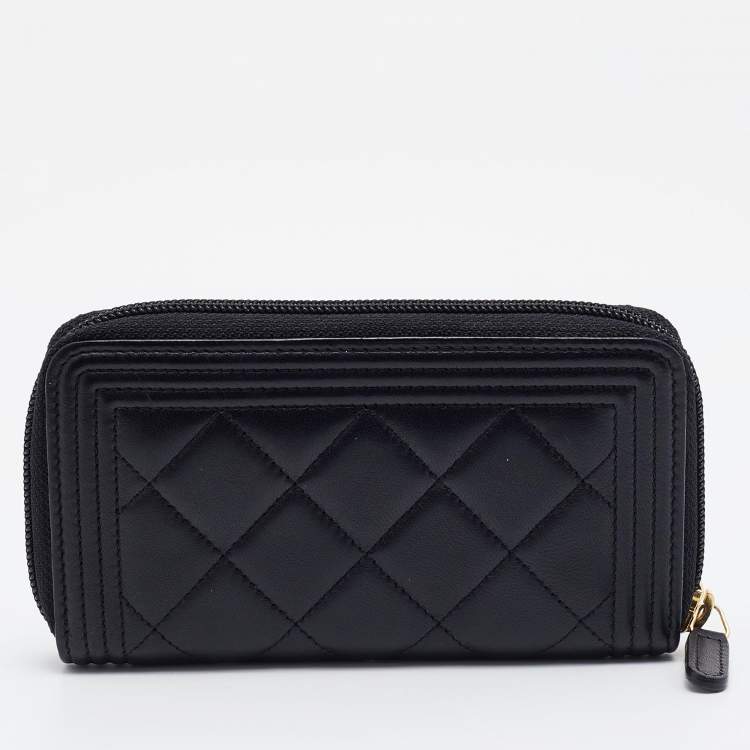 Pre Owned Chanel Black Quilted Leather Boy Zip Around Wallet