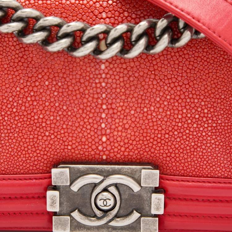 Pre Owned Chanel Red  Stingray and Leather Small Boy Flap Bag