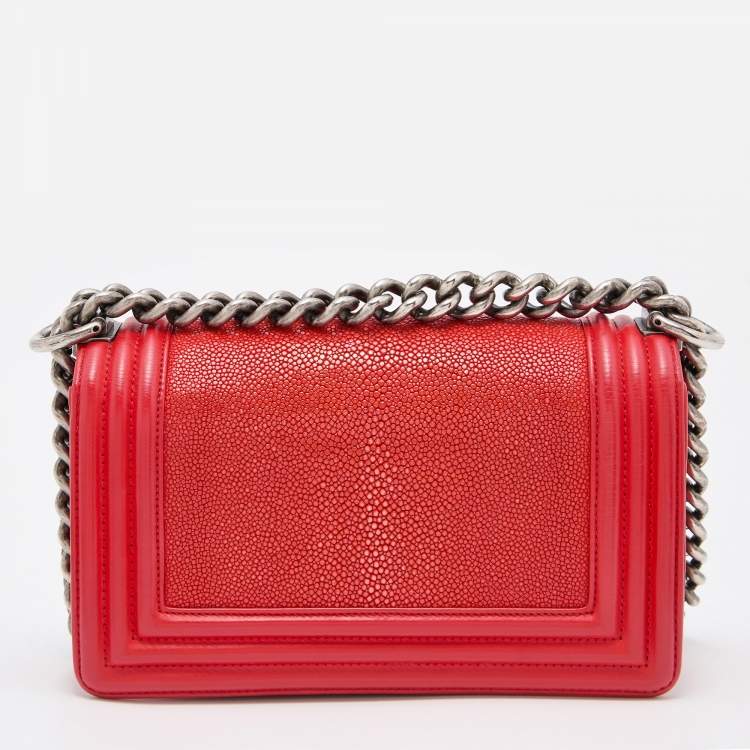 Pre Owned Chanel Red  Stingray and Leather Small Boy Flap Bag