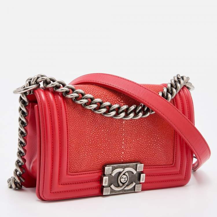 Pre Owned Chanel Red  Stingray and Leather Small Boy Flap Bag