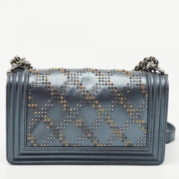 Pre Owned Chanel Metallic Quilted Embellished Leather Medium Boy Bag
