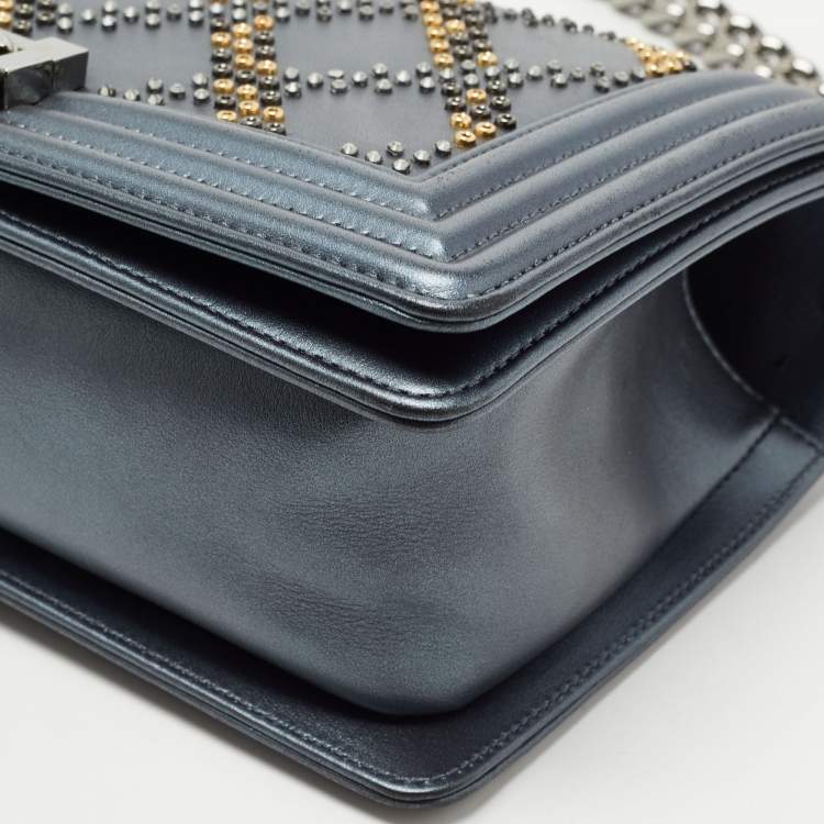 Pre Owned Chanel Metallic Quilted Embellished Leather Medium Boy Bag