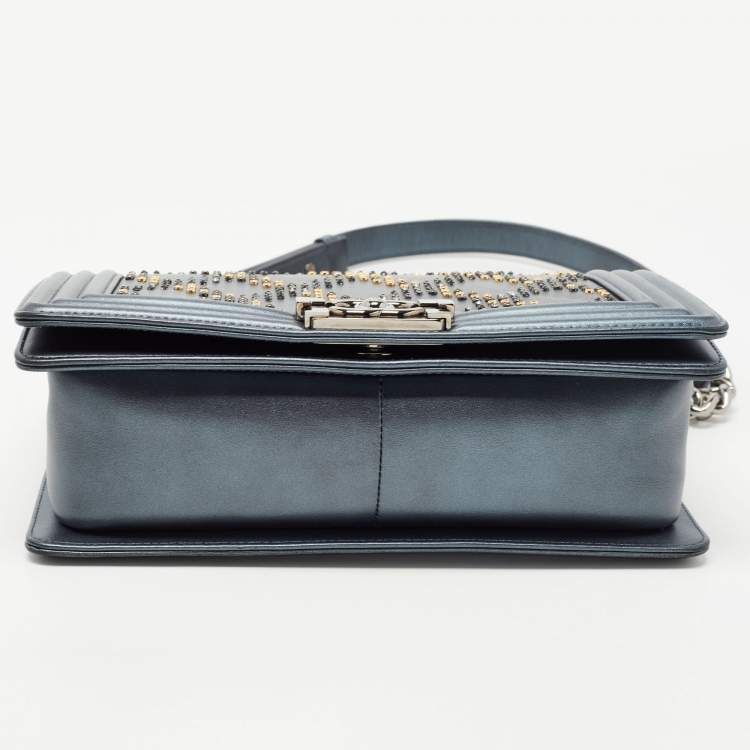 Pre Owned Chanel Metallic Quilted Embellished Leather Medium Boy Bag