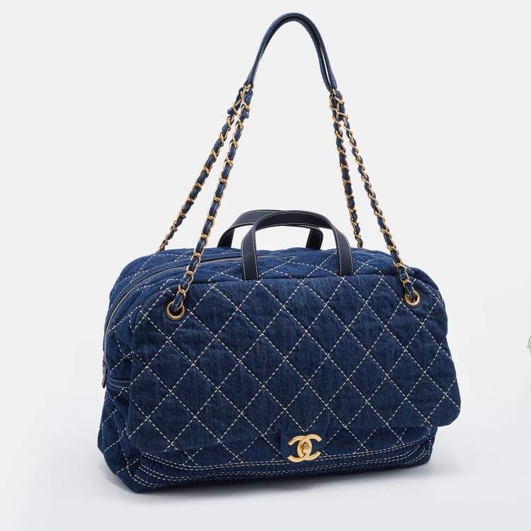 Pre Owned Chanel Blue Quilted Canvas and Leather Travel Duffel Bag
