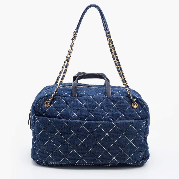 Pre Owned Chanel Blue Quilted Canvas and Leather Travel Duffel Bag