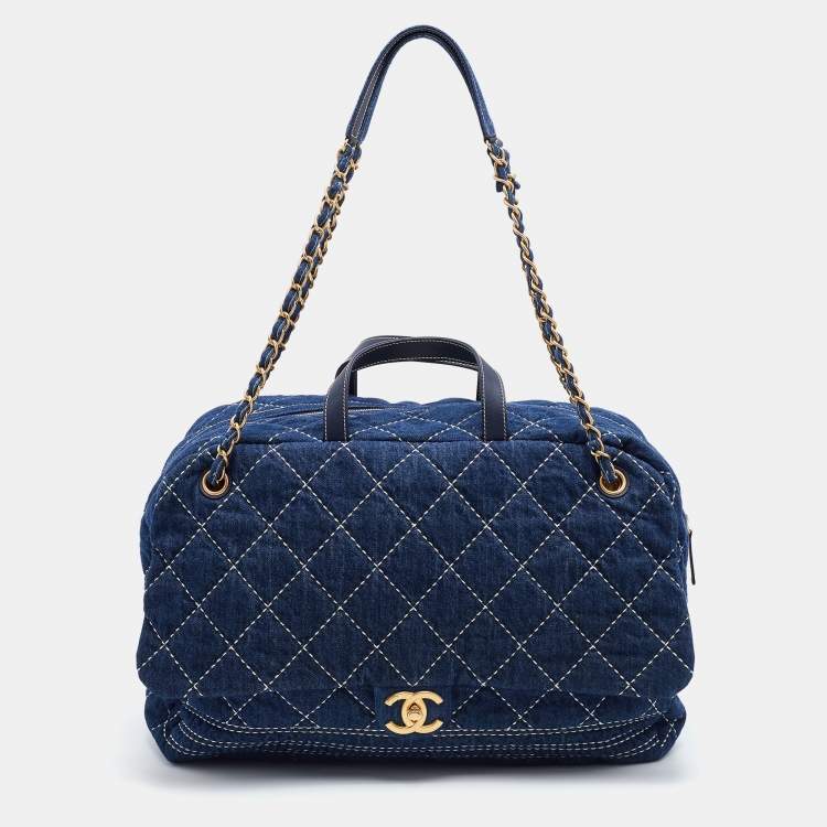 Pre Owned Chanel Blue Quilted Canvas and Leather Travel Duffel Bag
