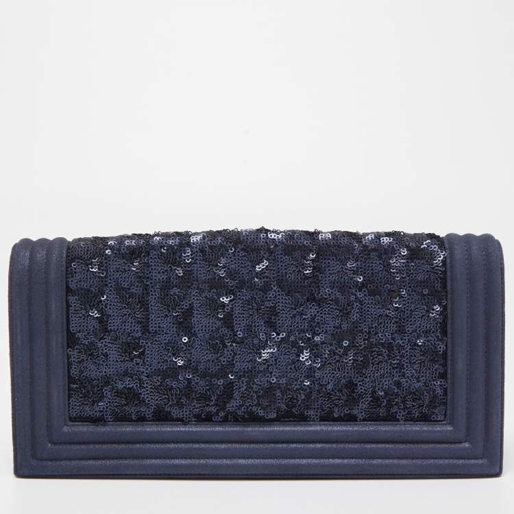 Pre Owned Chanel Navy Blue Sequins and Suede Boy Clutch