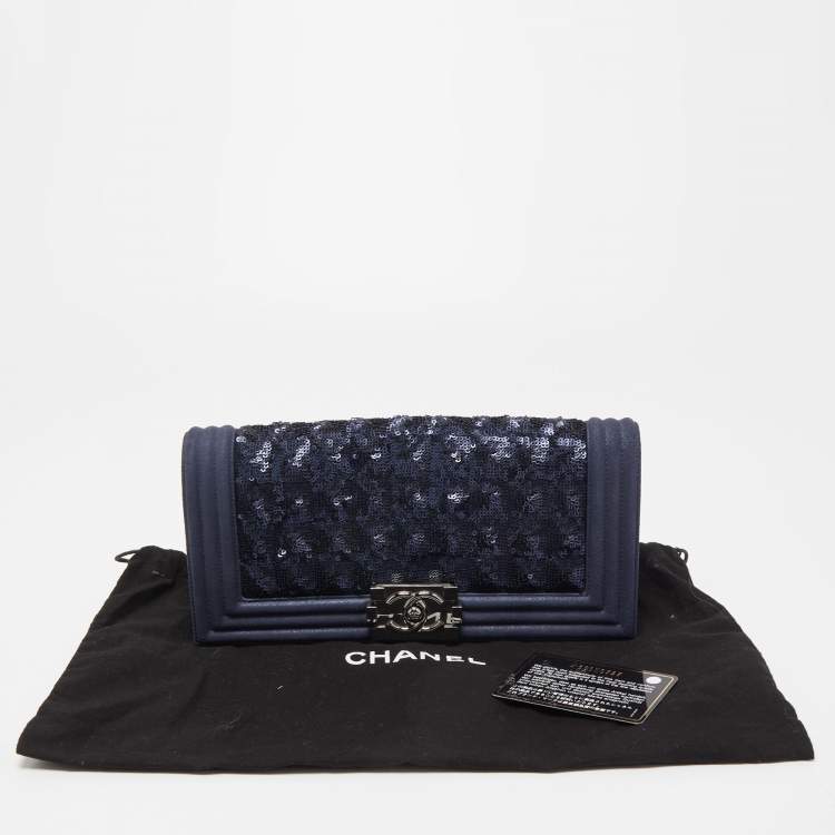 Pre Owned Chanel Navy Blue Sequins and Suede Boy Clutch