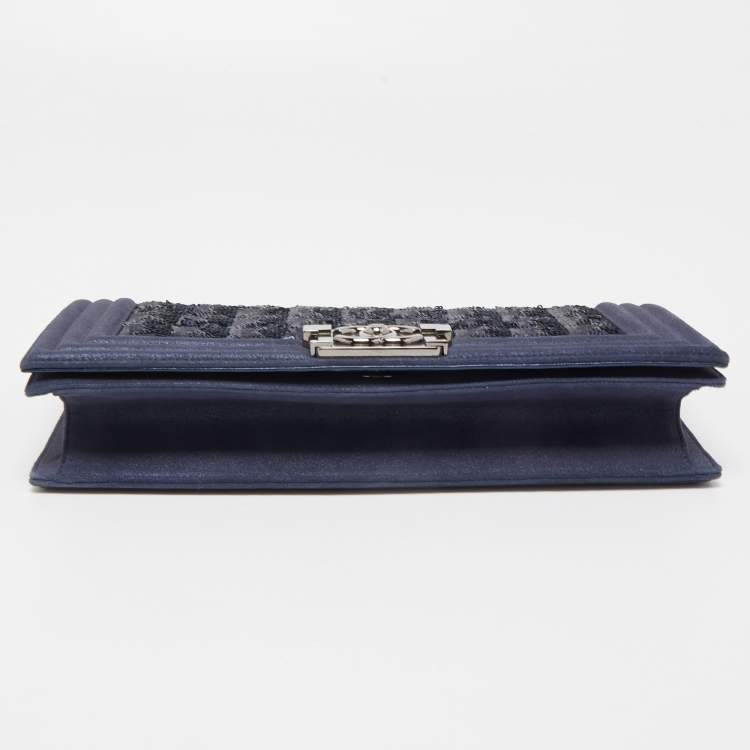 Pre Owned Chanel Navy Blue Sequins and Suede Boy Clutch