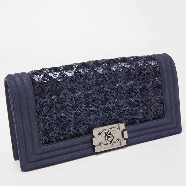 Pre Owned Chanel Navy Blue Sequins and Suede Boy Clutch