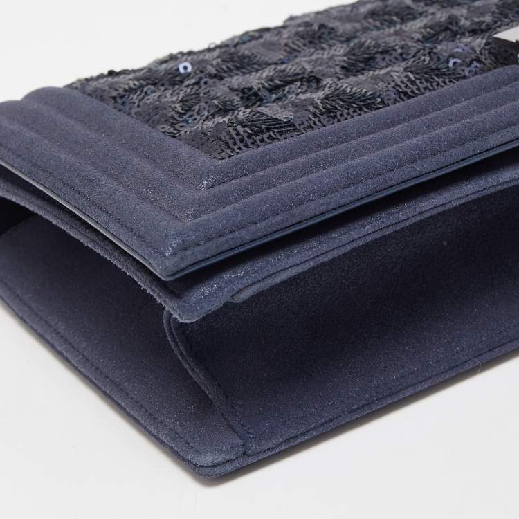 Pre Owned Chanel Navy Blue Sequins and Suede Boy Clutch