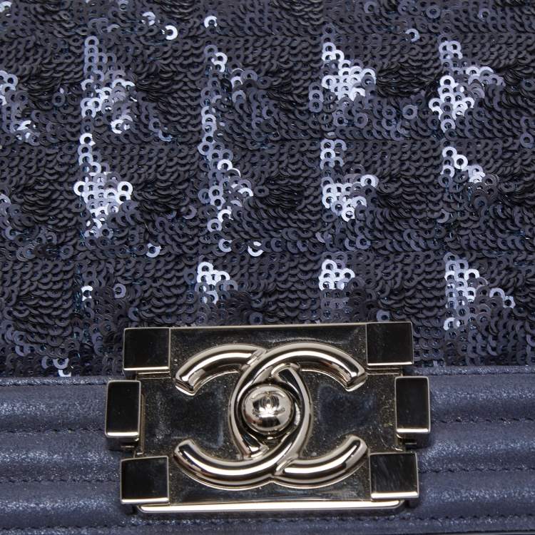 Pre Owned Chanel Navy Blue Sequins and Suede Boy Clutch