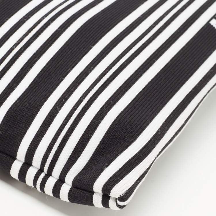 Pre Owned Chanel Black/White Stripe Fabric and Leather Zip Wristlet Clutch