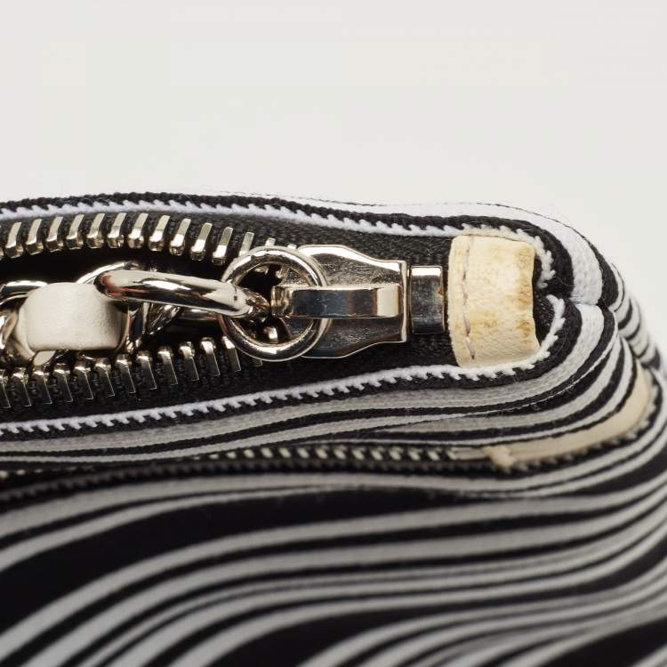 Pre Owned Chanel Black/White Stripe Fabric and Leather Zip Wristlet Clutch