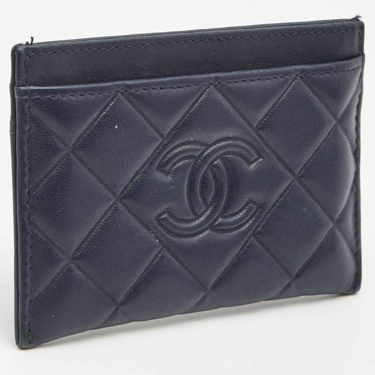 Pre Owned Chanel Navy Blue Quilted Leather CC Diamond Card Holder 