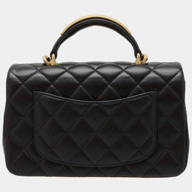 Pre Owned Chanel Black Lambskin Top Handle Mini Flap Bag