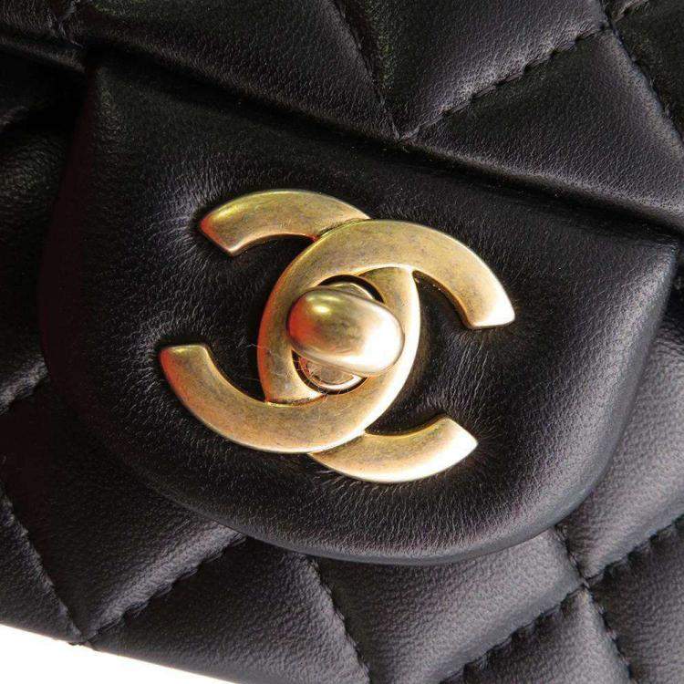 Pre Owned Chanel Black Lambskin Top Handle Mini Flap Bag