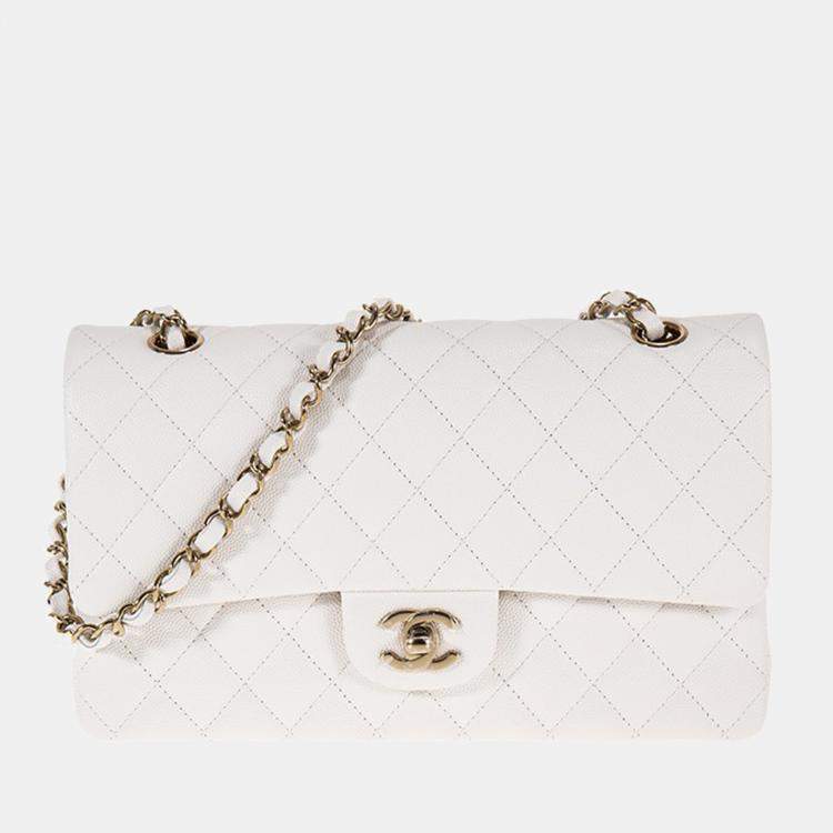 Chanel White Caviar 24k Gold HW Vintage Classic Medium Flap  CamelliaCurate