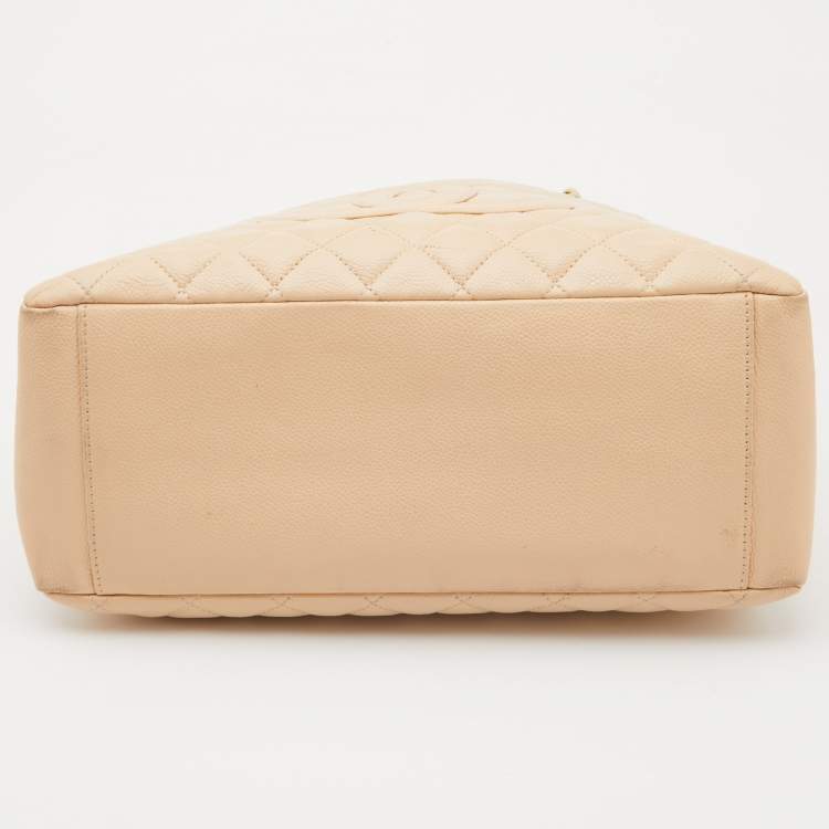 Pre Owned Chanel Beige Quilted Caviar Leather Grand Shopping Tote