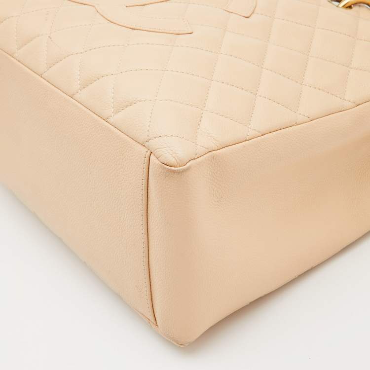 Pre Owned Chanel Beige Quilted Caviar Leather Grand Shopping Tote