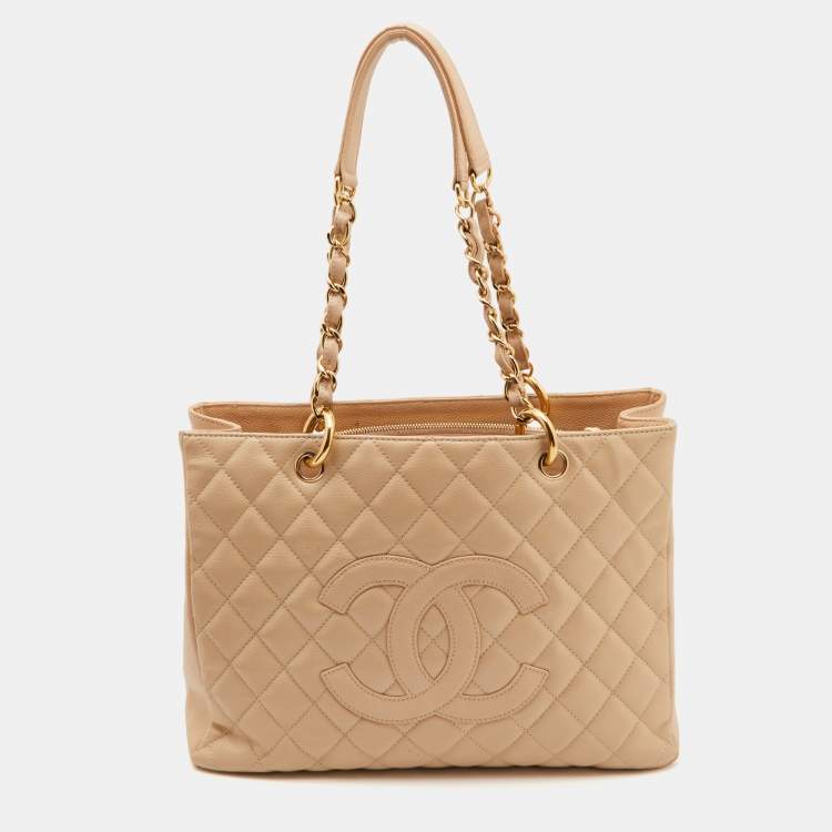 Pre Owned Chanel Beige Quilted Caviar Leather Grand Shopping Tote
