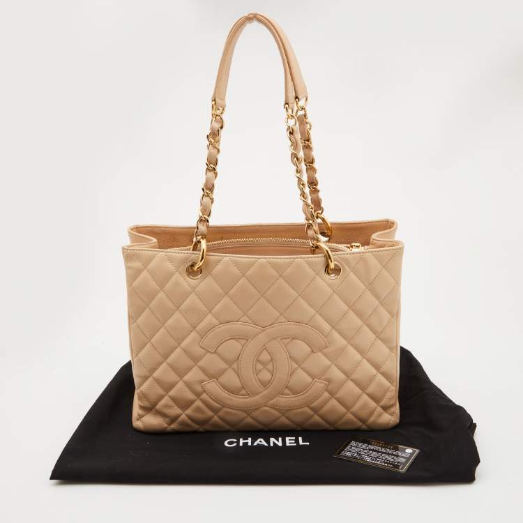 Pre Owned Chanel Beige Quilted Caviar Leather Grand Shopping Tote