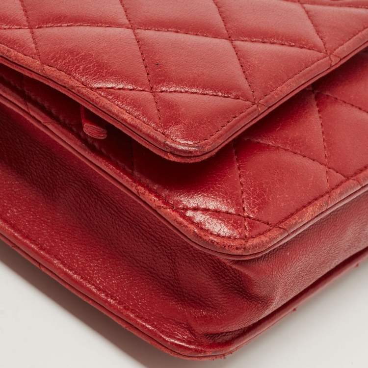 Pre Owned Chanel Red Quilted Leather Classic Wallet on Chain