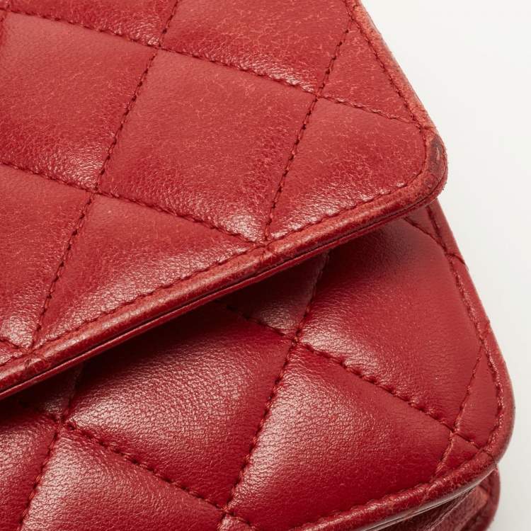 Pre Owned Chanel Red Quilted Leather Classic Wallet on Chain