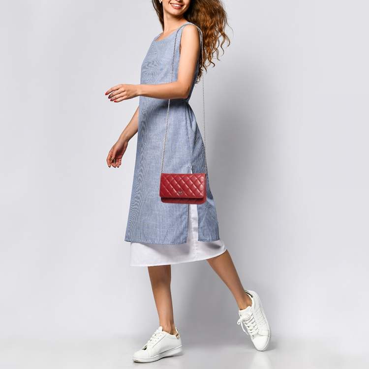 Pre Owned Chanel Red Quilted Leather Classic Wallet on Chain