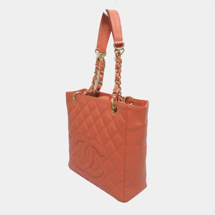 Chanel Orange CC Quilted Caviar Leather Petite Shopping Tote Bag