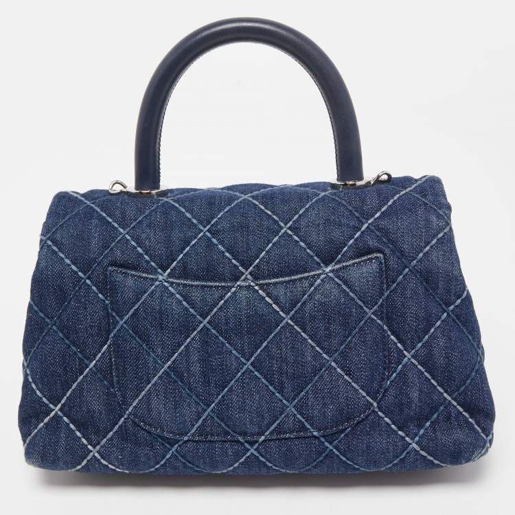 Pre Owned Chanel Blue Quilted Denim and Leather Mini Coco Top Handle Bag