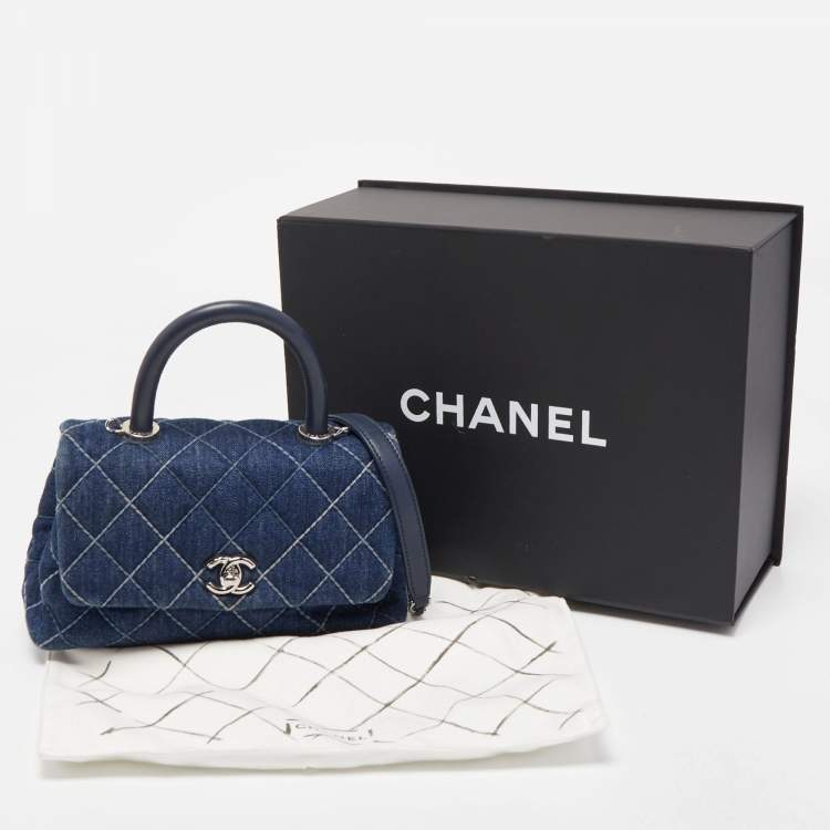 Pre Owned Chanel Blue Quilted Denim and Leather Mini Coco Top Handle Bag