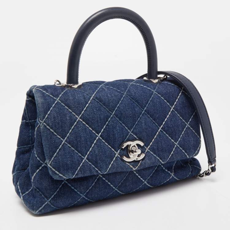 Pre Owned Chanel Blue Quilted Denim and Leather Mini Coco Top Handle Bag