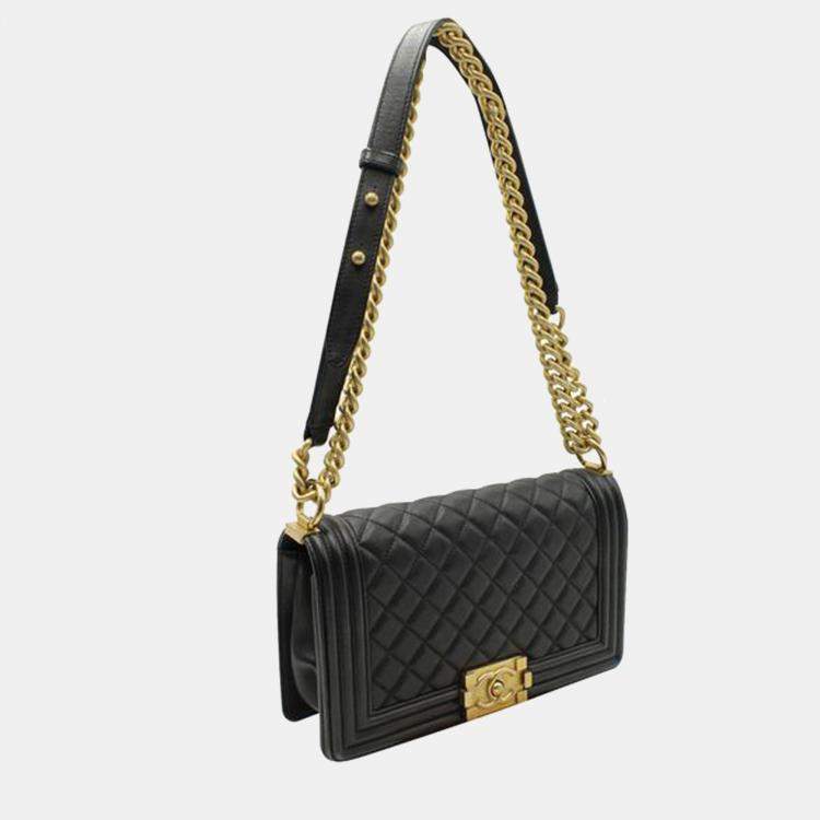 Pre Owned Dark Black Quilted Leather Boy Bag