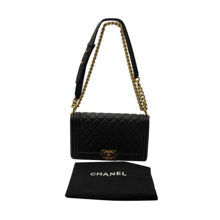 Pre Owned Dark Black Quilted Leather Boy Bag