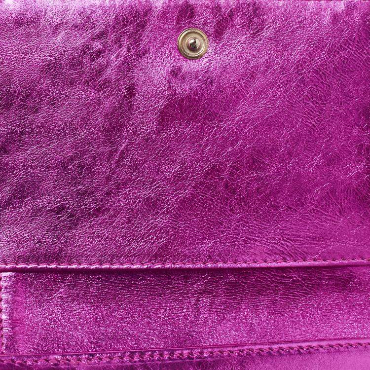 Pre Owned Chanel Metallic Pink Leather Ribbon Embossed Trifold Wallet