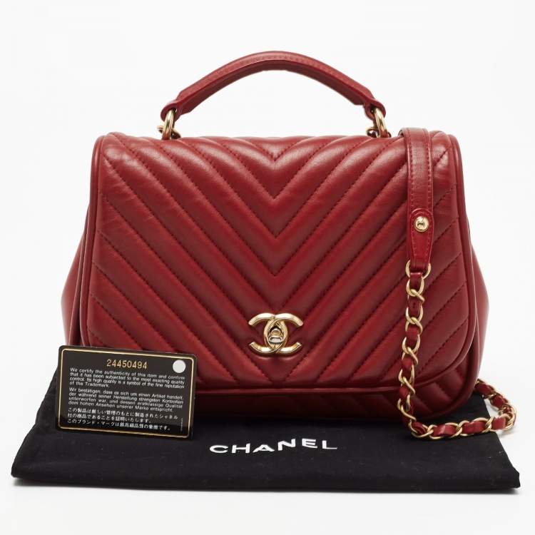 Pre Owned Chanel Red Chevron Leather CC Flap Top Handle Bag
