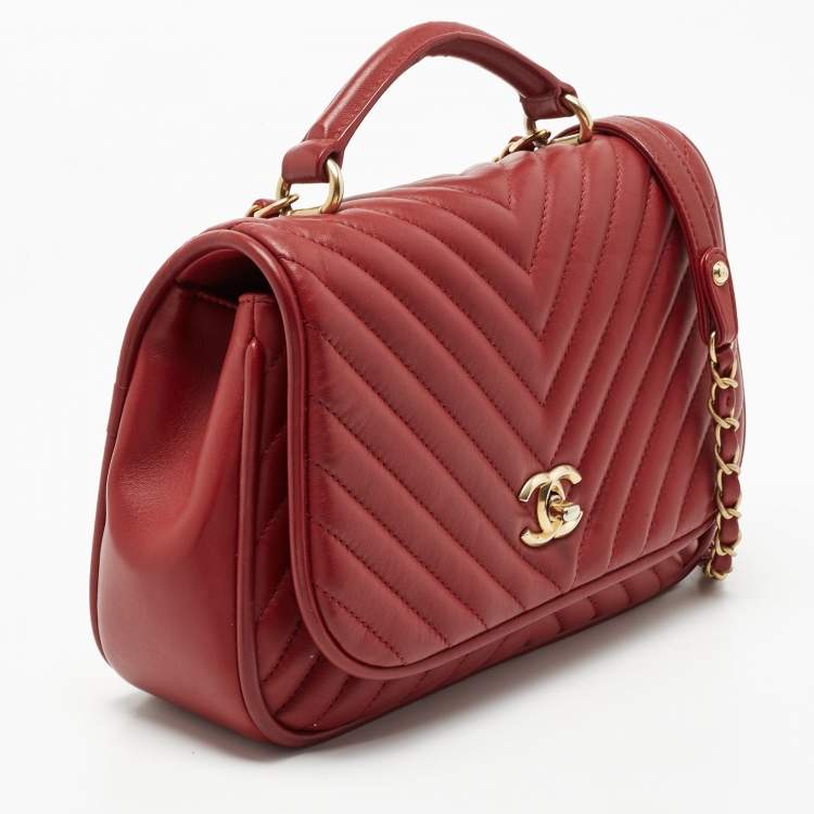 Pre Owned Chanel Red Chevron Leather CC Flap Top Handle Bag