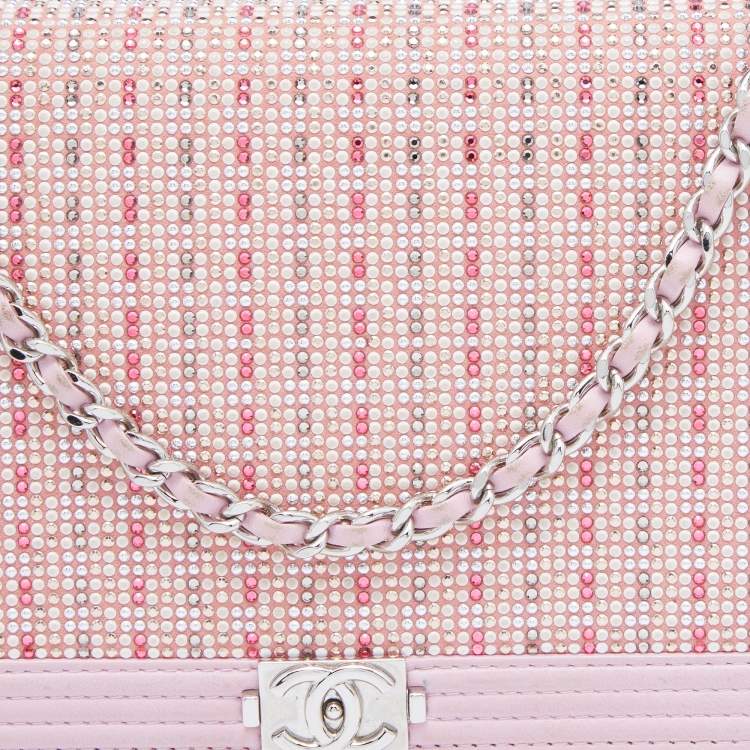مملوكة مسبقًا Chanel Light Pink Leather Crystals Embellished Boy Wallet On Chain