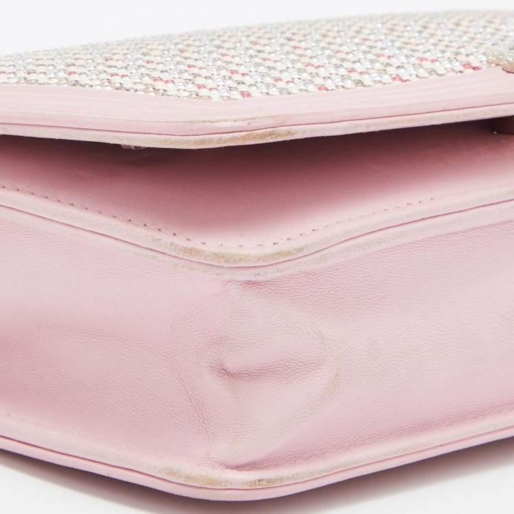 مملوكة مسبقًا Chanel Light Pink Leather Crystals Embellished Boy Wallet On Chain