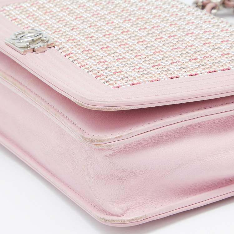 مملوكة مسبقًا Chanel Light Pink Leather Crystals Embellished Boy Wallet On Chain